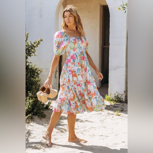PINCH Jetset Motif Smocked Puff Sleeve Midi Dress Size Large - Picture 1 of 14
